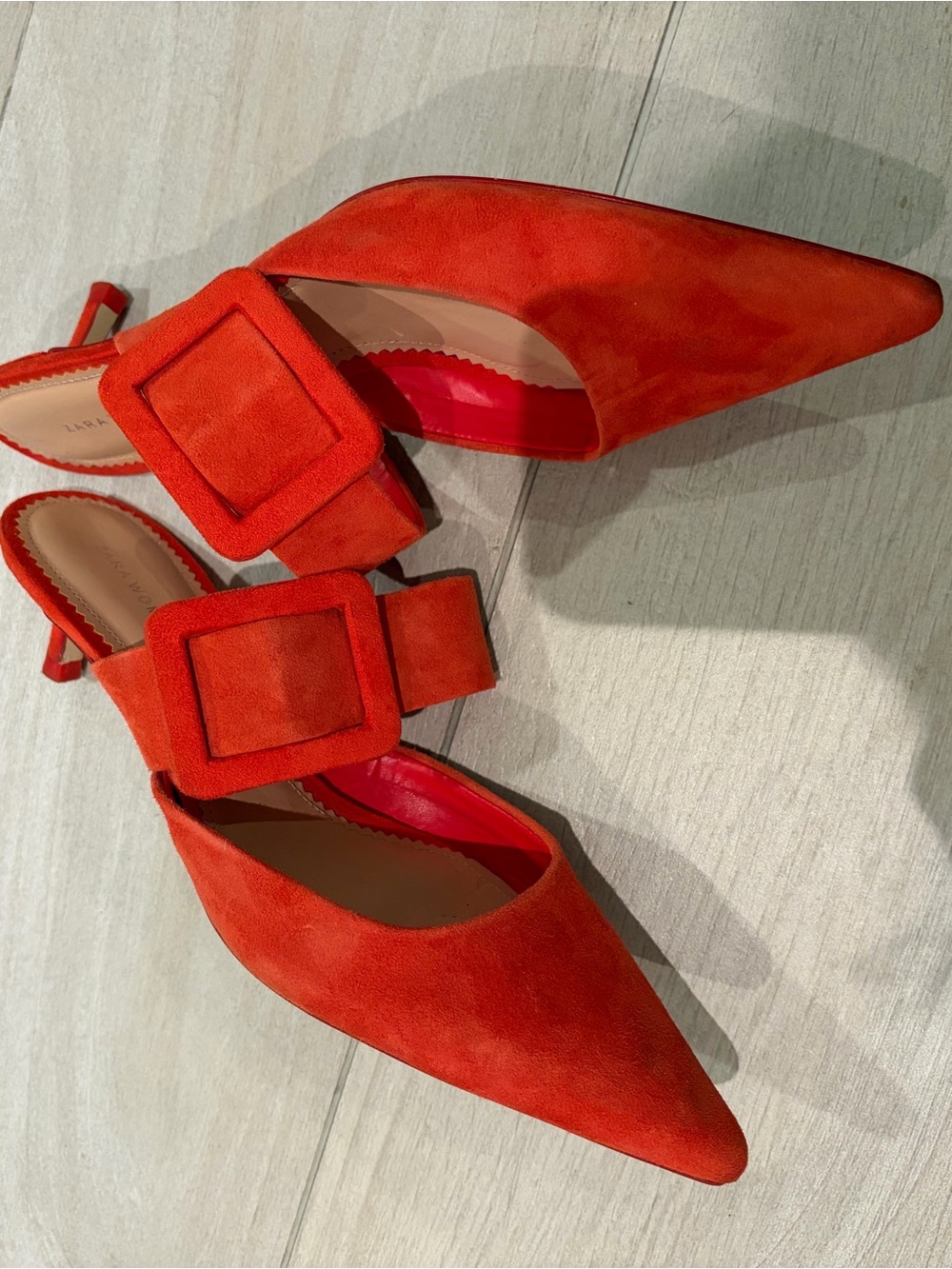 Zara Red Pointed-Toe Suede Mule with large Buckle Strap